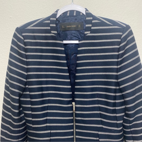 Zara Blue Striped Peplum Pocket Career Blazer Jacket, Large NEW - Picture 4 of 14